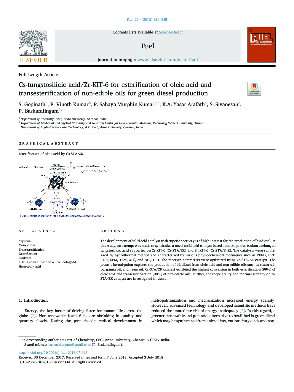 Cs-tungstosilicic acid/Zr-KIT-6 for esterification of oleic acid and transesterification of non-edible oils for green diesel production