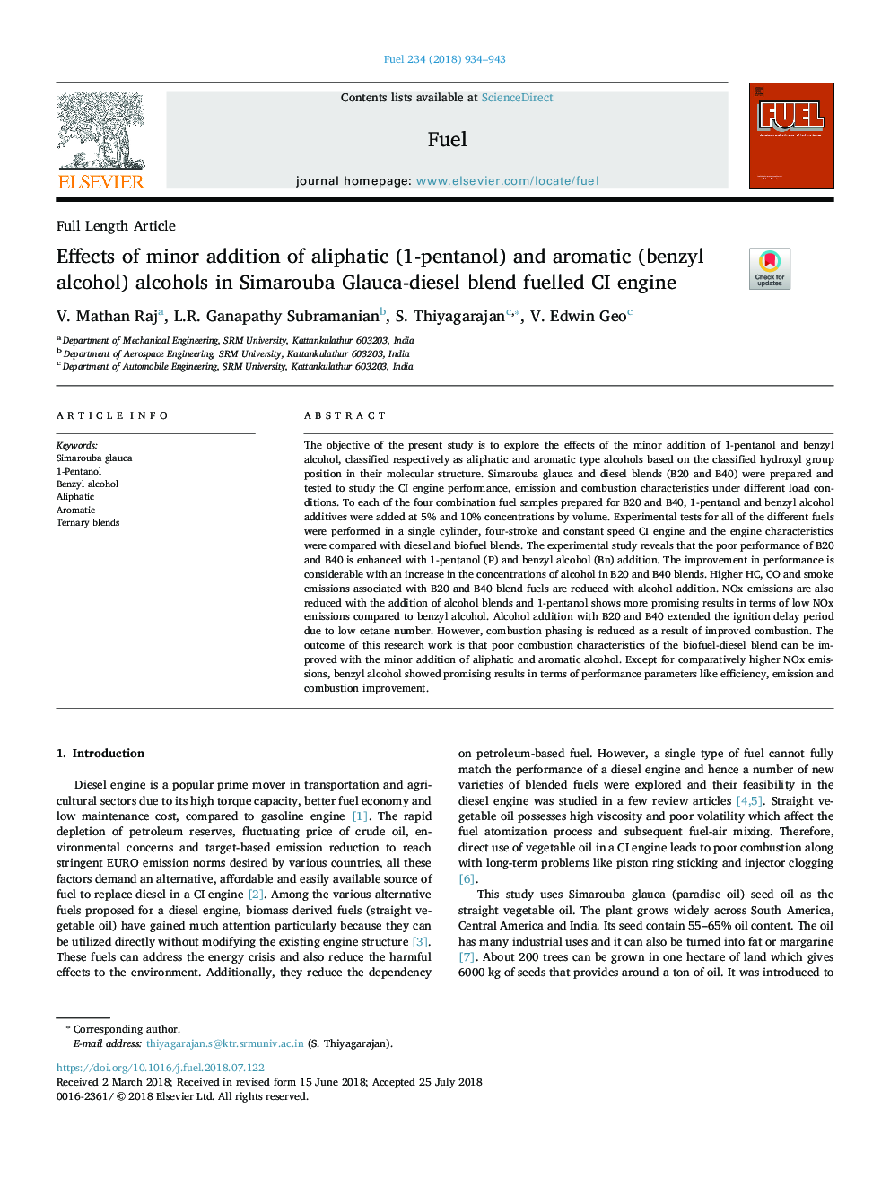 Effects of minor addition of aliphatic (1-pentanol) and aromatic (benzyl alcohol) alcohols in Simarouba Glauca-diesel blend fuelled CI engine