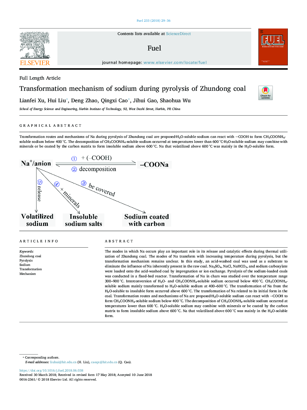 Transformation mechanism of sodium during pyrolysis of Zhundong coal