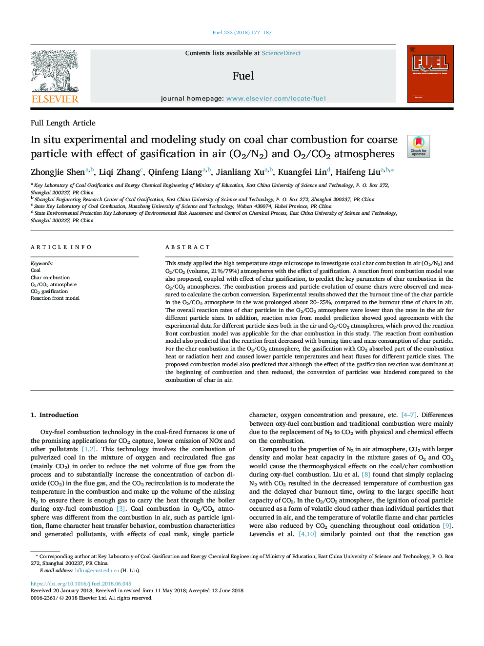 In situ experimental and modeling study on coal char combustion for coarse particle with effect of gasification in air (O2/N2) and O2/CO2 atmospheres