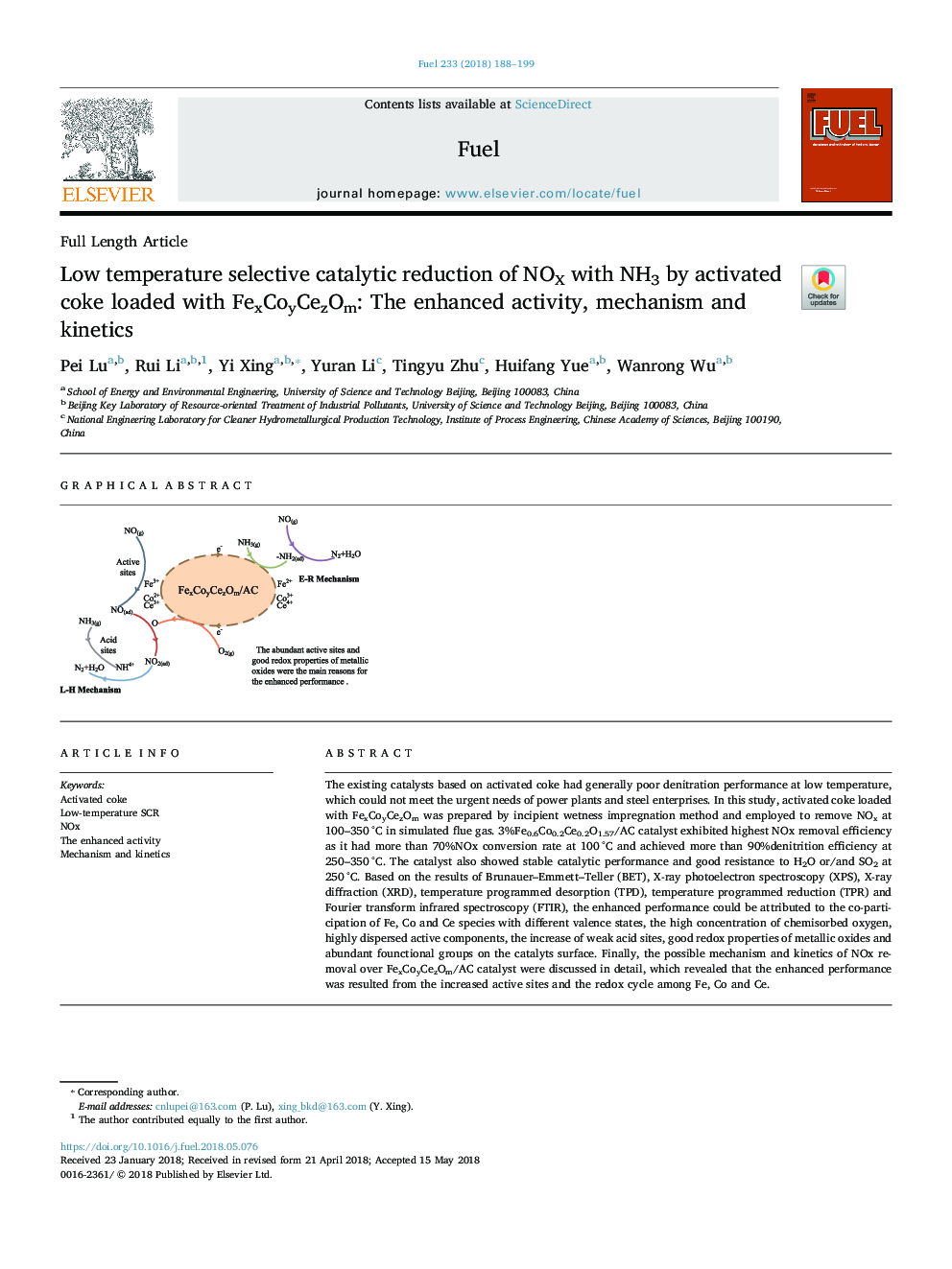 Low temperature selective catalytic reduction of NOX with NH3 by activated coke loaded with FexCoyCezOm: The enhanced activity, mechanism and kinetics