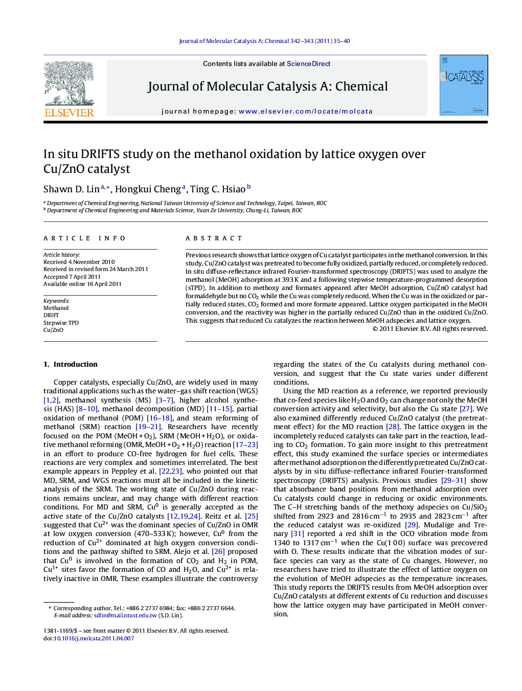 In situ DRIFTS study on the methanol oxidation by lattice oxygen over Cu/ZnO catalyst