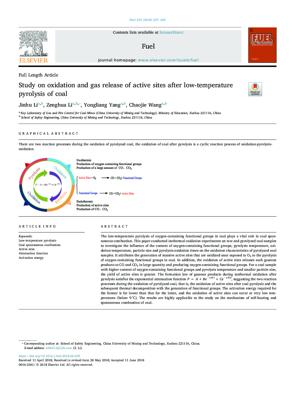 Study on oxidation and gas release of active sites after low-temperature pyrolysis of coal