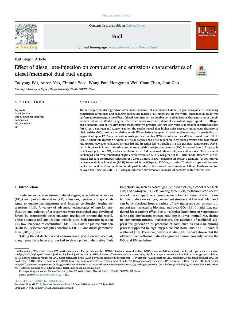 Effect of diesel late-injection on combustion and emissions characteristics of diesel/methanol dual fuel engine