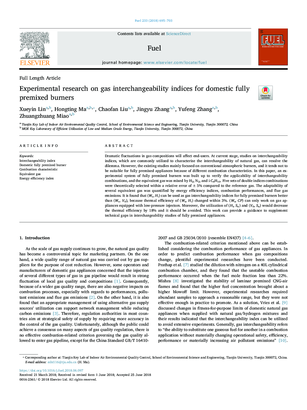 Experimental research on gas interchangeability indices for domestic fully premixed burners