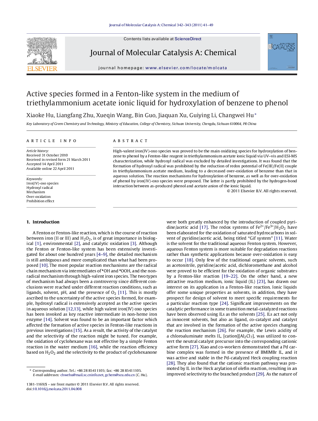 Active species formed in a Fenton-like system in the medium of triethylammonium acetate ionic liquid for hydroxylation of benzene to phenol