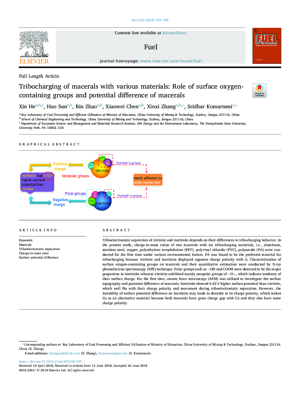 Tribocharging of macerals with various materials: Role of surface oxygen-containing groups and potential difference of macerals