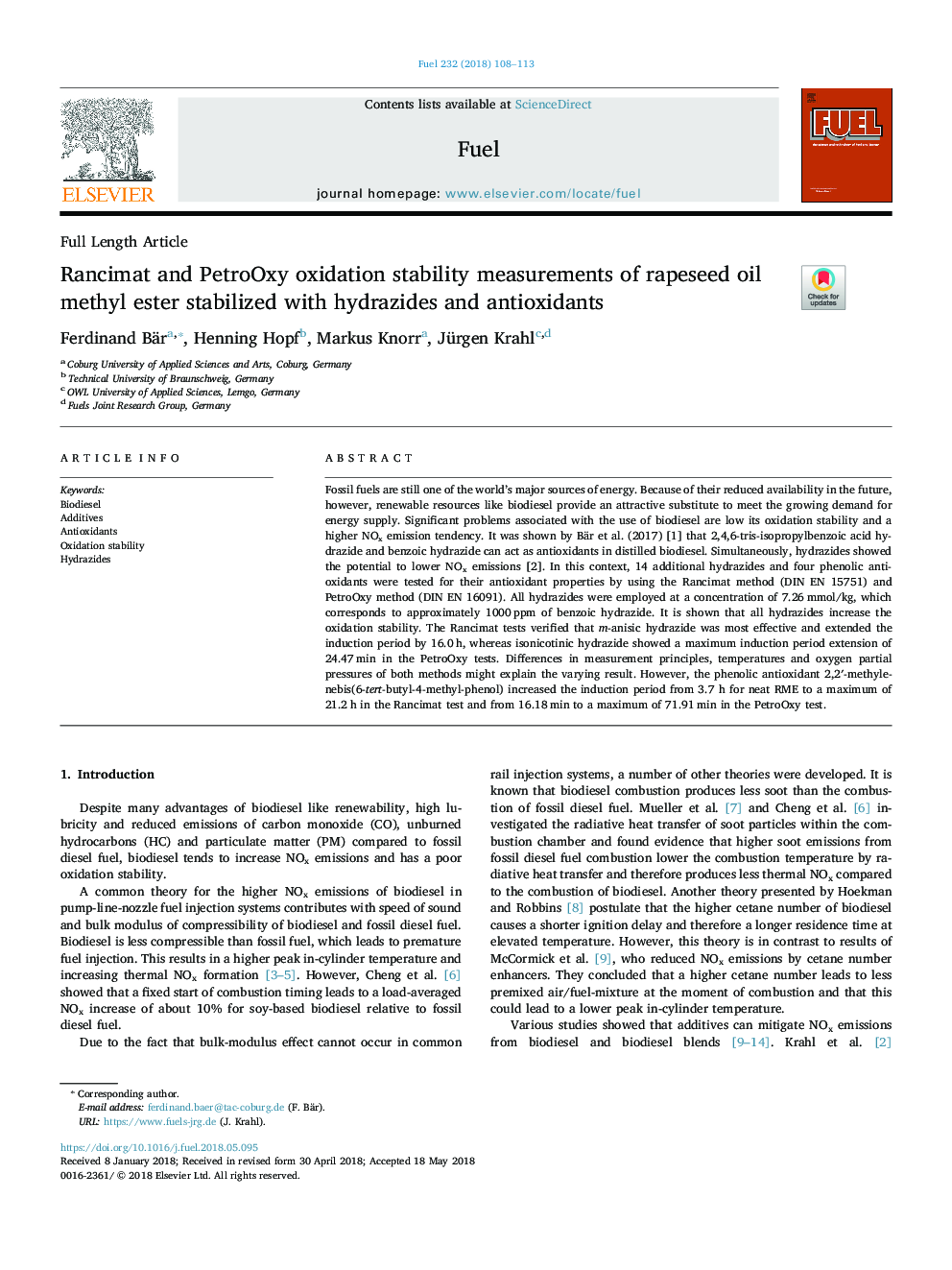 Rancimat and PetroOxy oxidation stability measurements of rapeseed oil methyl ester stabilized with hydrazides and antioxidants