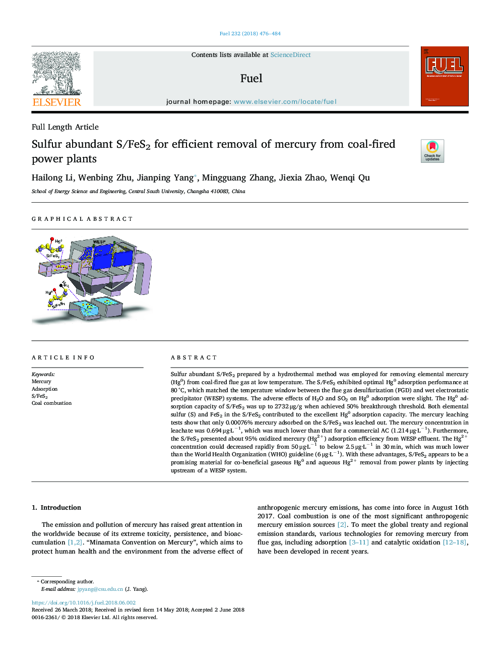 Sulfur abundant S/FeS2 for efficient removal of mercury from coal-fired power plants