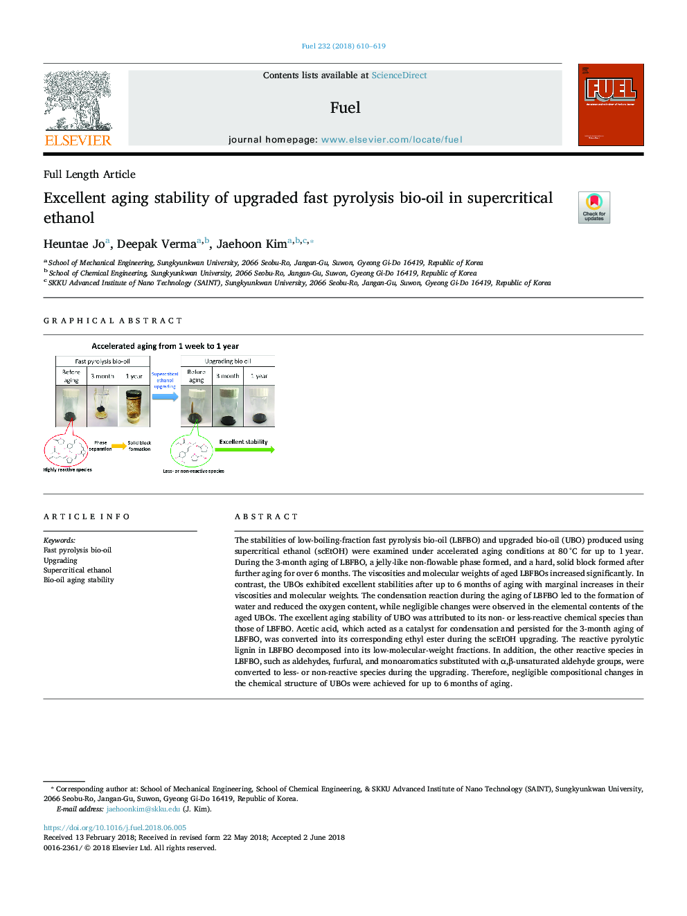 Excellent aging stability of upgraded fast pyrolysis bio-oil in supercritical ethanol