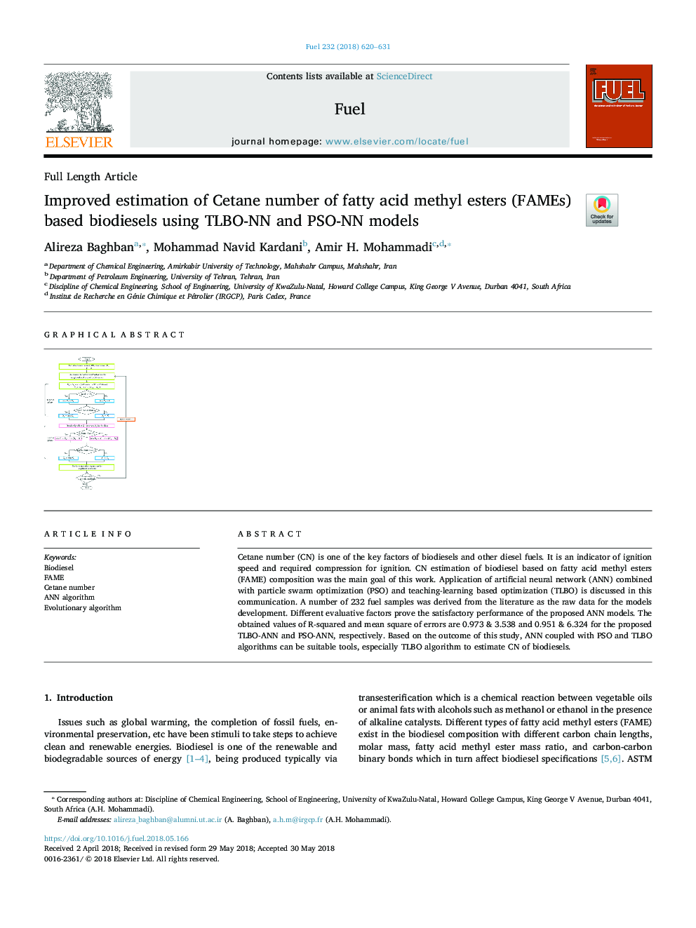 Improved estimation of Cetane number of fatty acid methyl esters (FAMEs) based biodiesels using TLBO-NN and PSO-NN models