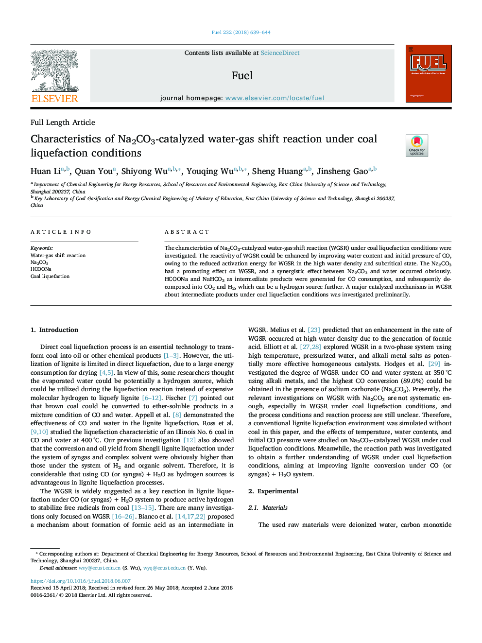 Characteristics of Na2CO3-catalyzed water-gas shift reaction under coal liquefaction conditions