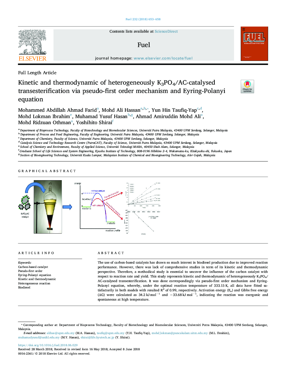 Kinetic and thermodynamic of heterogeneously K3PO4/AC-catalysed transesterification via pseudo-first order mechanism and Eyring-Polanyi equation