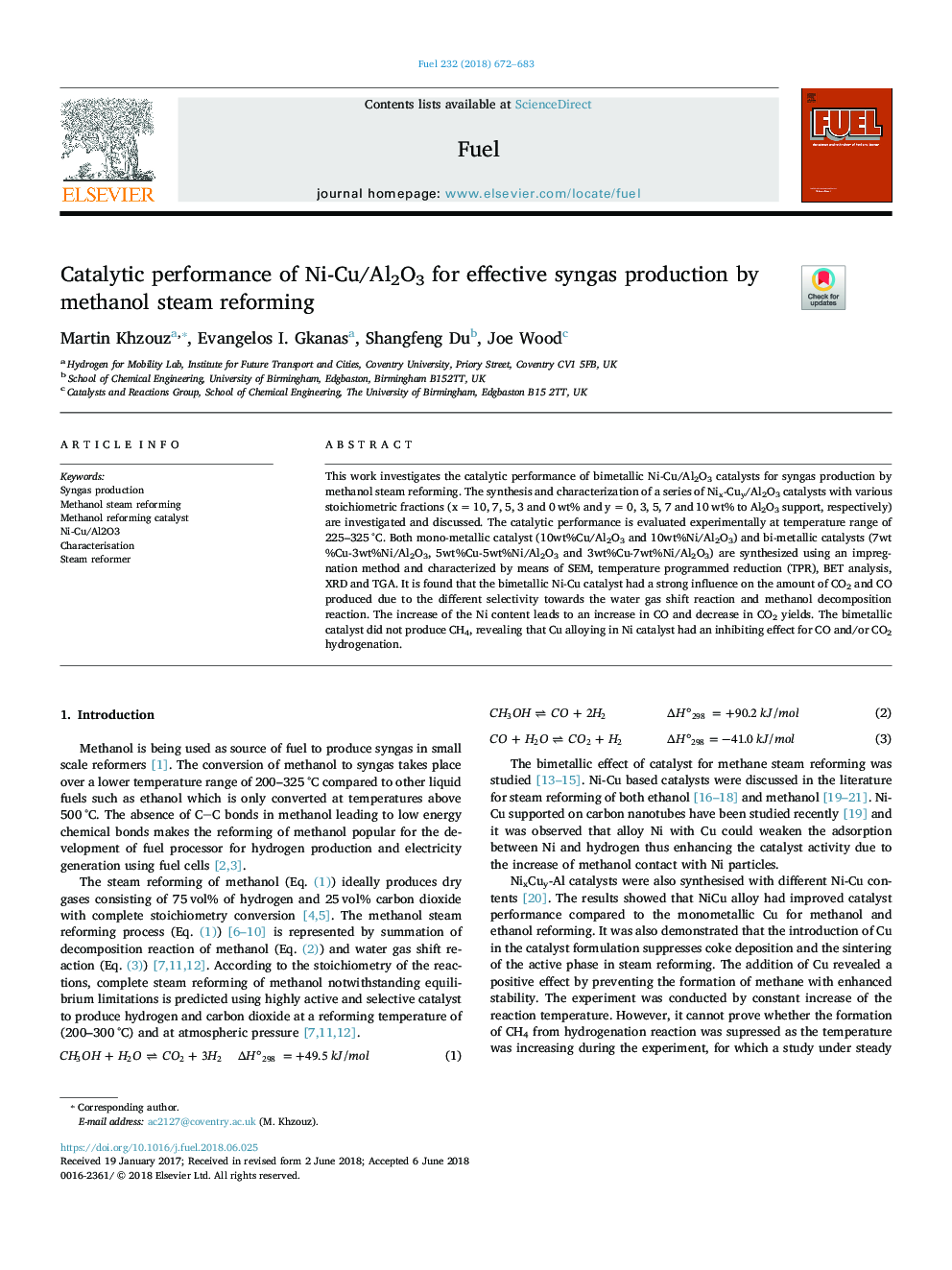 Catalytic performance of Ni-Cu/Al2O3 for effective syngas production by methanol steam reforming