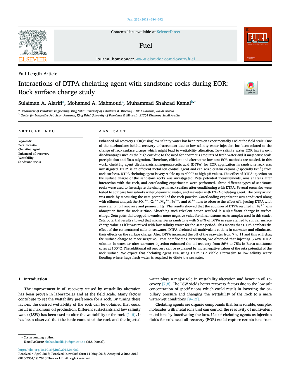 Interactions of DTPA chelating agent with sandstone rocks during EOR: Rock surface charge study