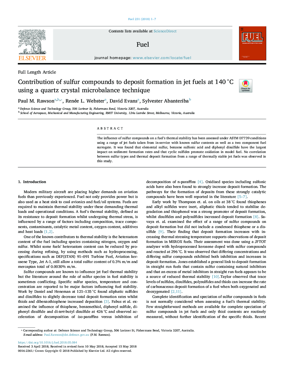 Contribution of sulfur compounds to deposit formation in jet fuels at 140â¯Â°C using a quartz crystal microbalance technique