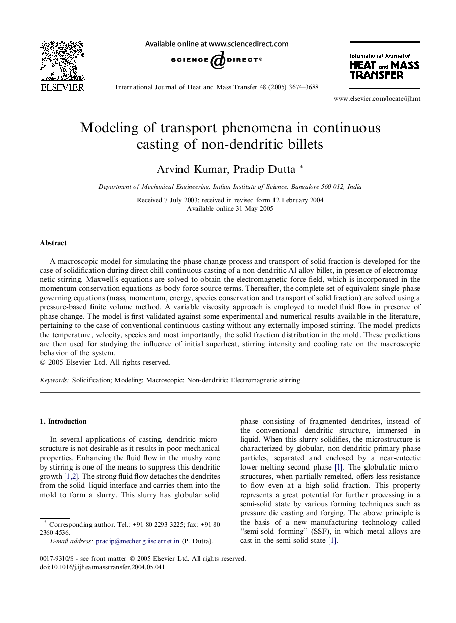 Modeling of transport phenomena in continuous casting of non-dendritic billets