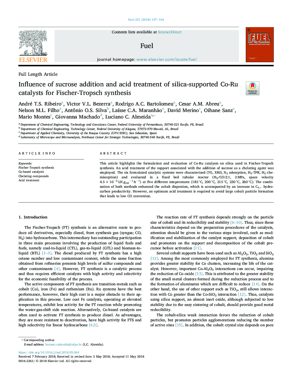 Influence of sucrose addition and acid treatment of silica-supported Co-Ru catalysts for Fischer-Tropsch synthesis