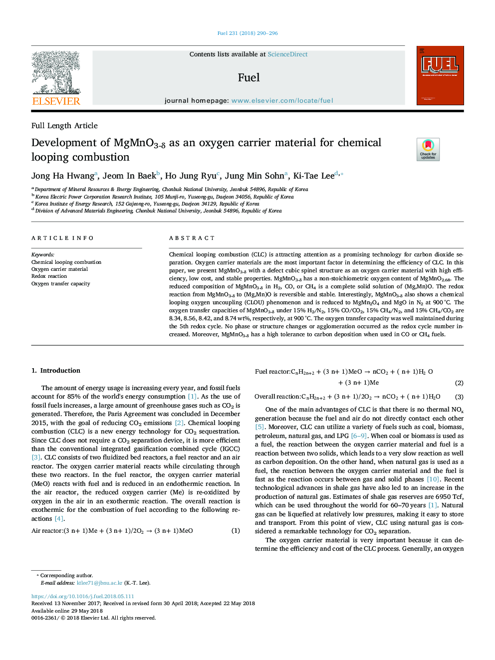 Development of MgMnO3-Î´ as an oxygen carrier material for chemical looping combustion