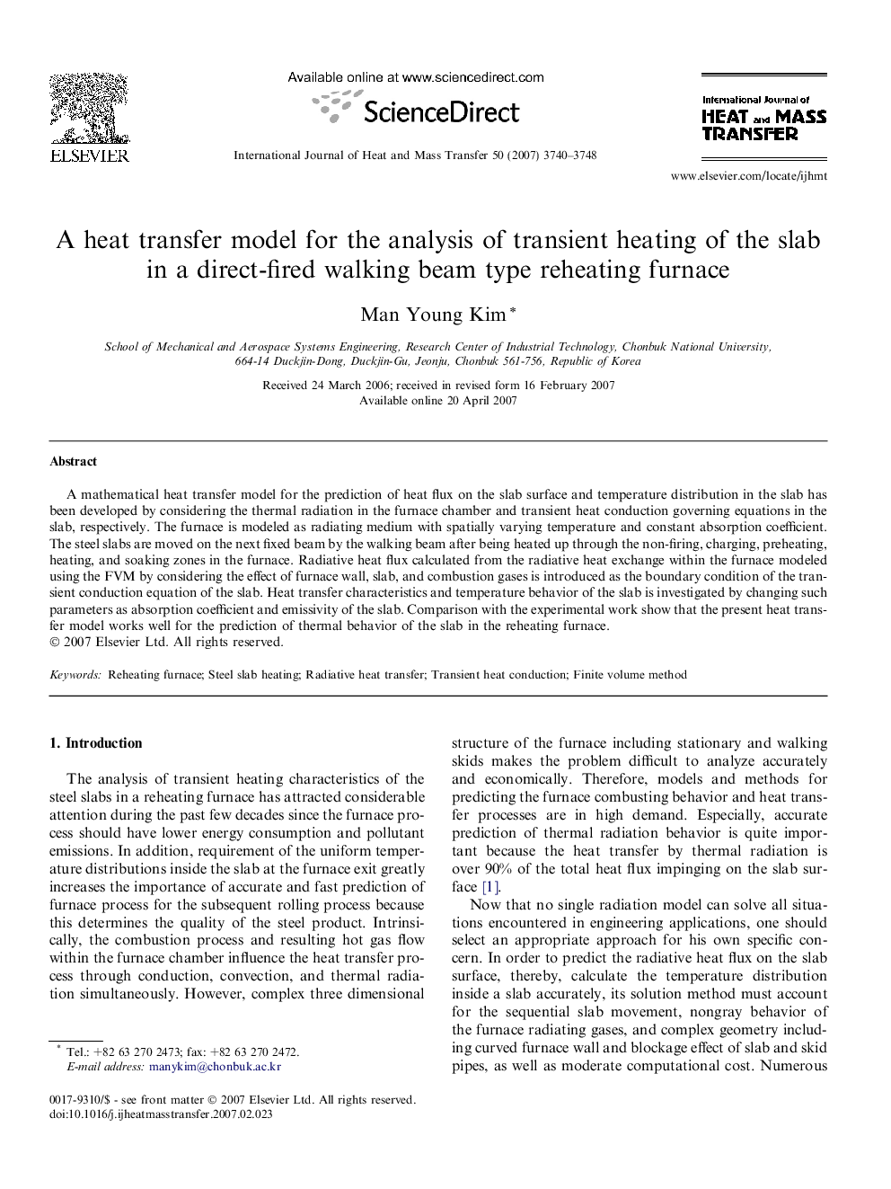 A heat transfer model for the analysis of transient heating of the slab in a direct-fired walking beam type reheating furnace