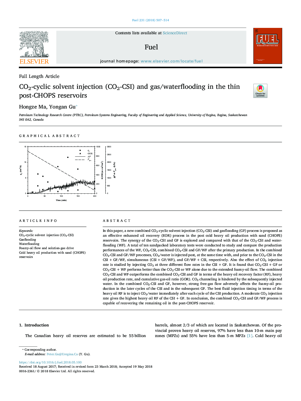 عکس صفحه اول مقاله: CO2-cyclic solvent injection (CO2-CSI) and gas/waterflooding in the thin post-CHOPS reservoirs CO2-cyclic solvent injection (CO2-CSI) and gas/waterflooding in the thin post-CHOPS reservoirs