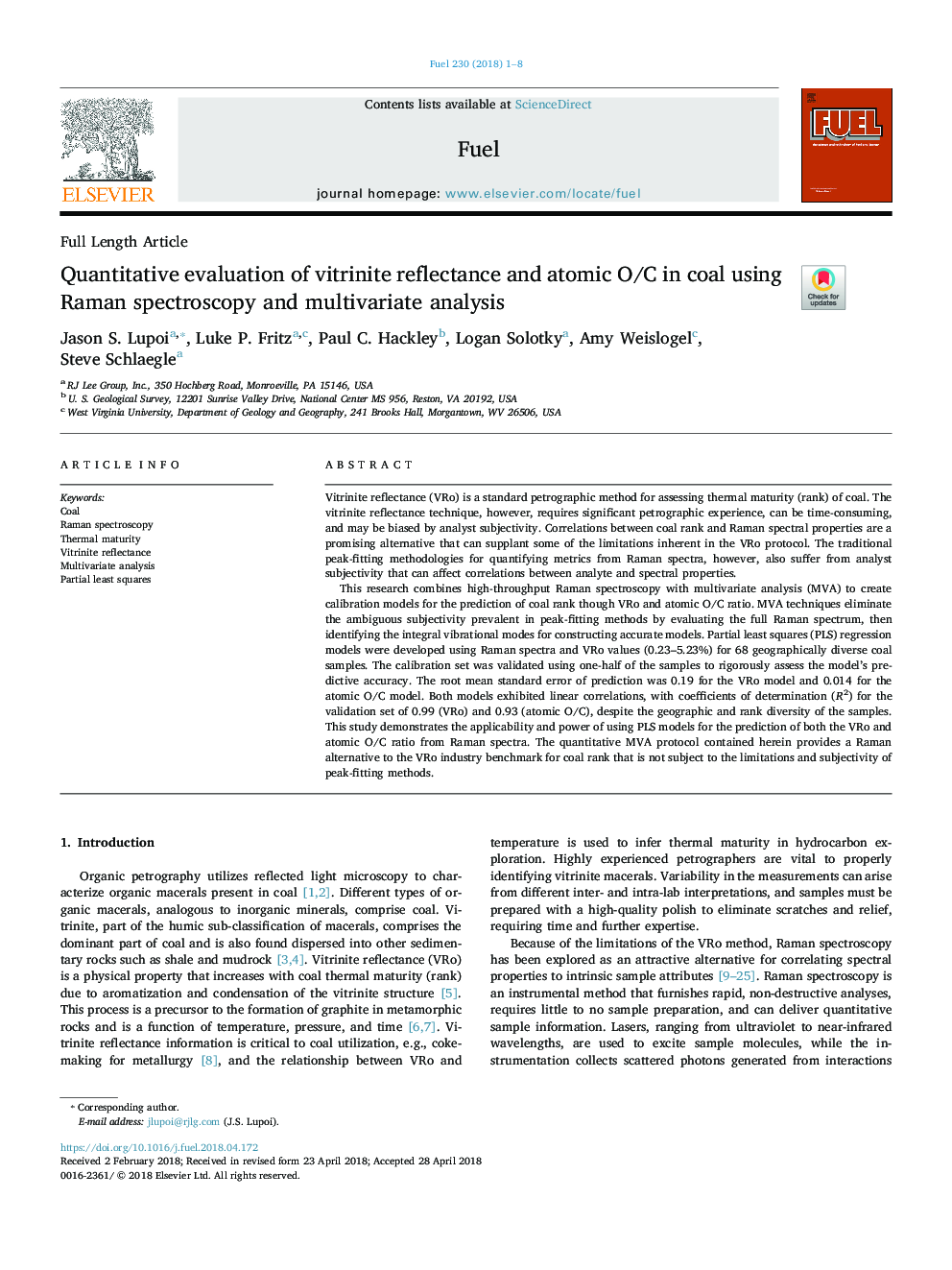 Quantitative evaluation of vitrinite reflectance and atomic O/C in coal using Raman spectroscopy and multivariate analysis