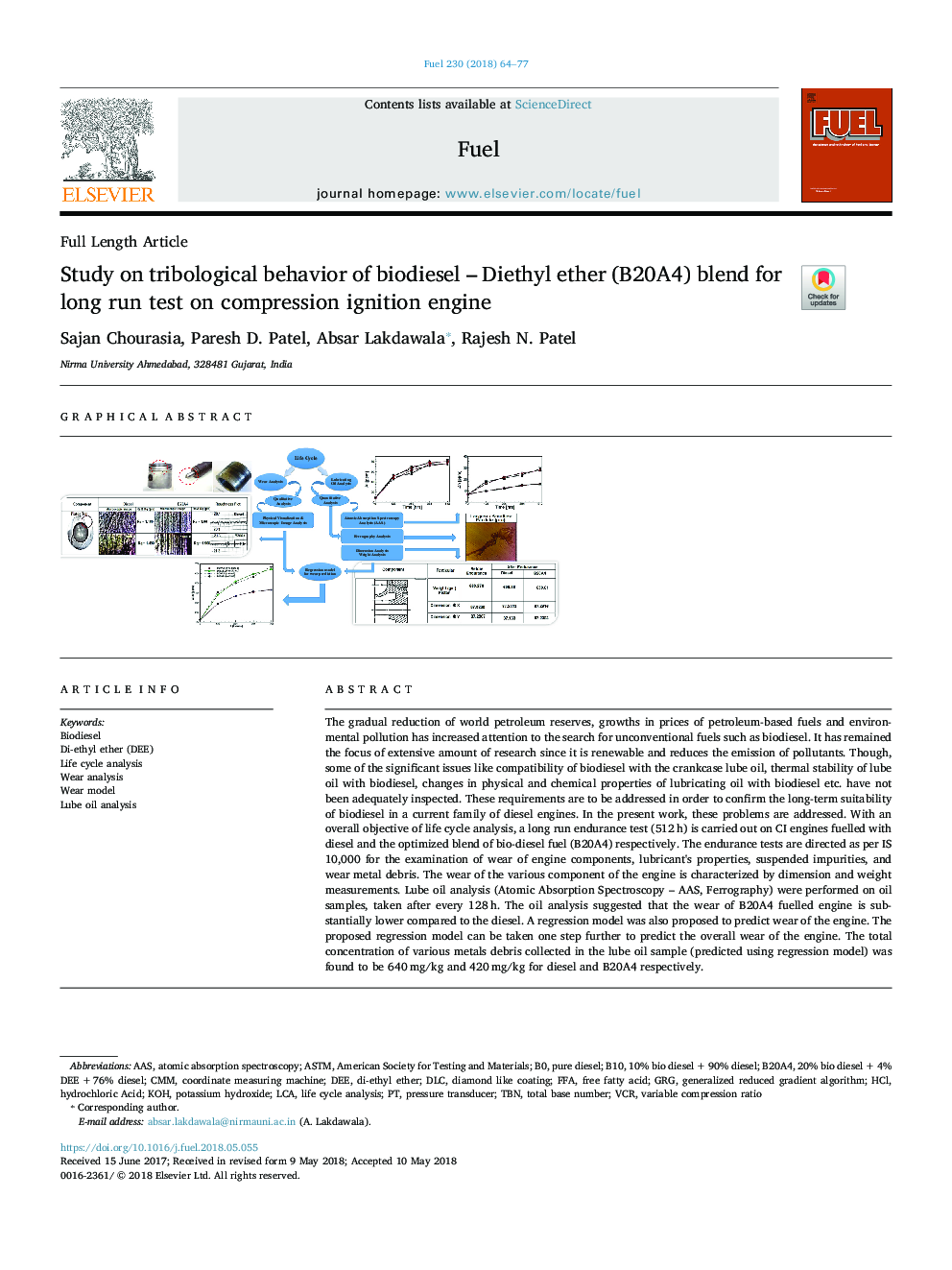 Study on tribological behavior of biodiesel - Diethyl ether (B20A4) blend for long run test on compression ignition engine