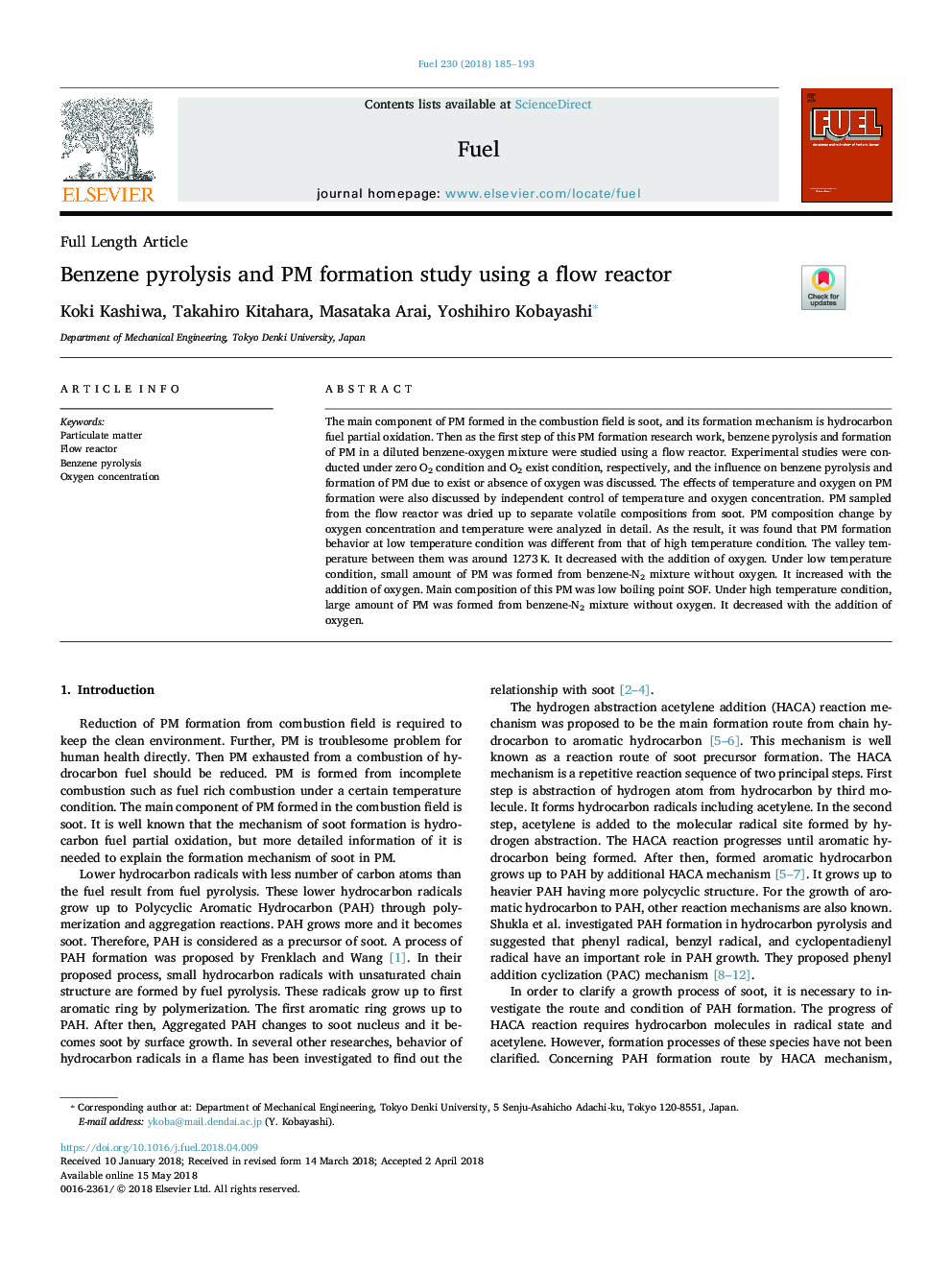 Benzene pyrolysis and PM formation study using a flow reactor