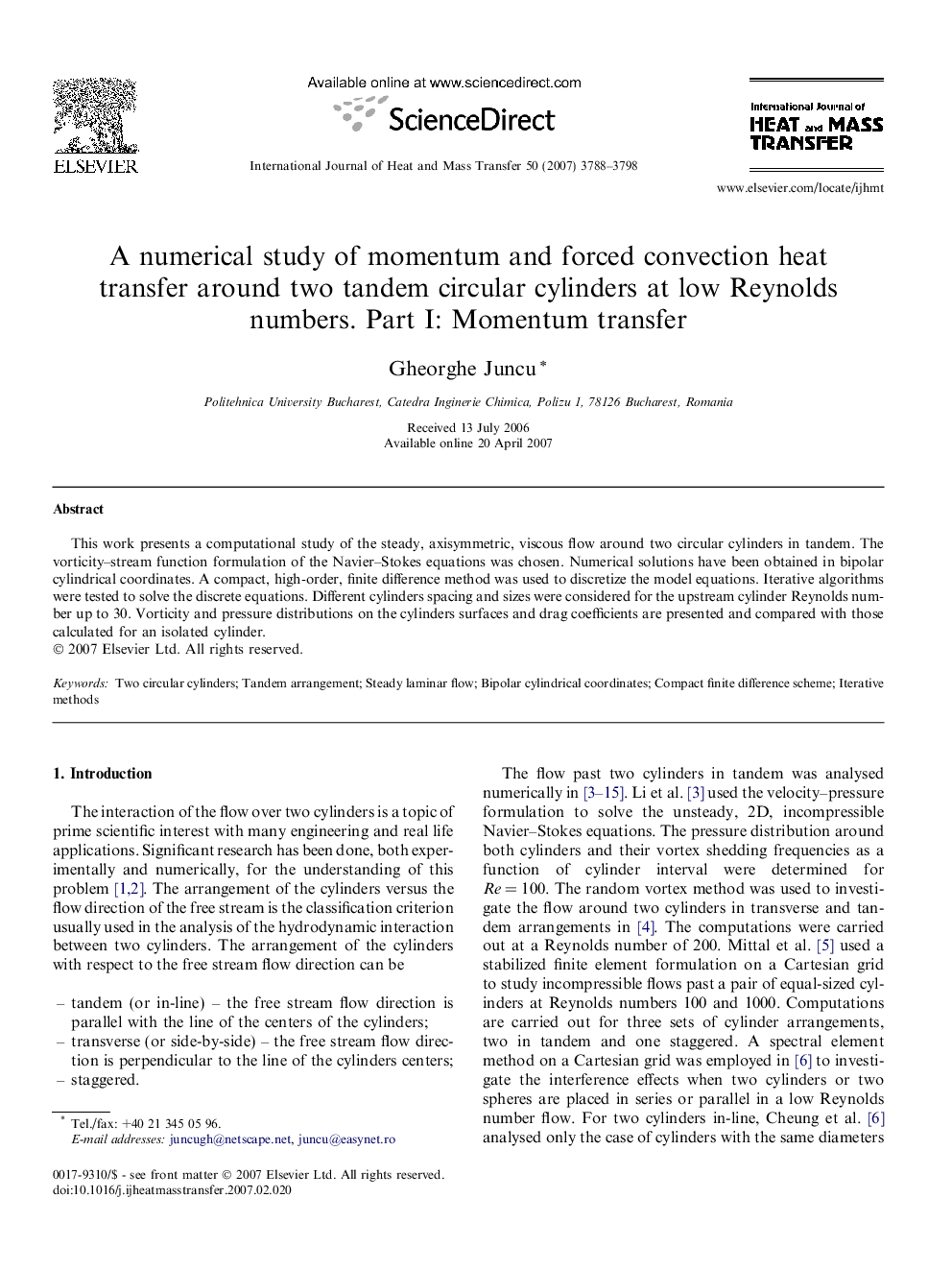 A numerical study of momentum and forced convection heat transfer around two tandem circular cylinders at low Reynolds numbers. Part I: Momentum transfer