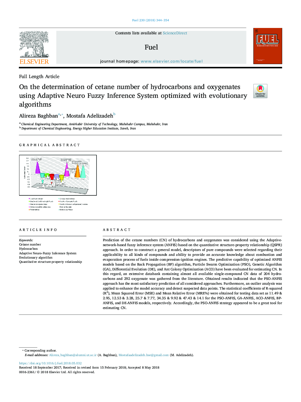 On the determination of cetane number of hydrocarbons and oxygenates using Adaptive Neuro Fuzzy Inference System optimized with evolutionary algorithms