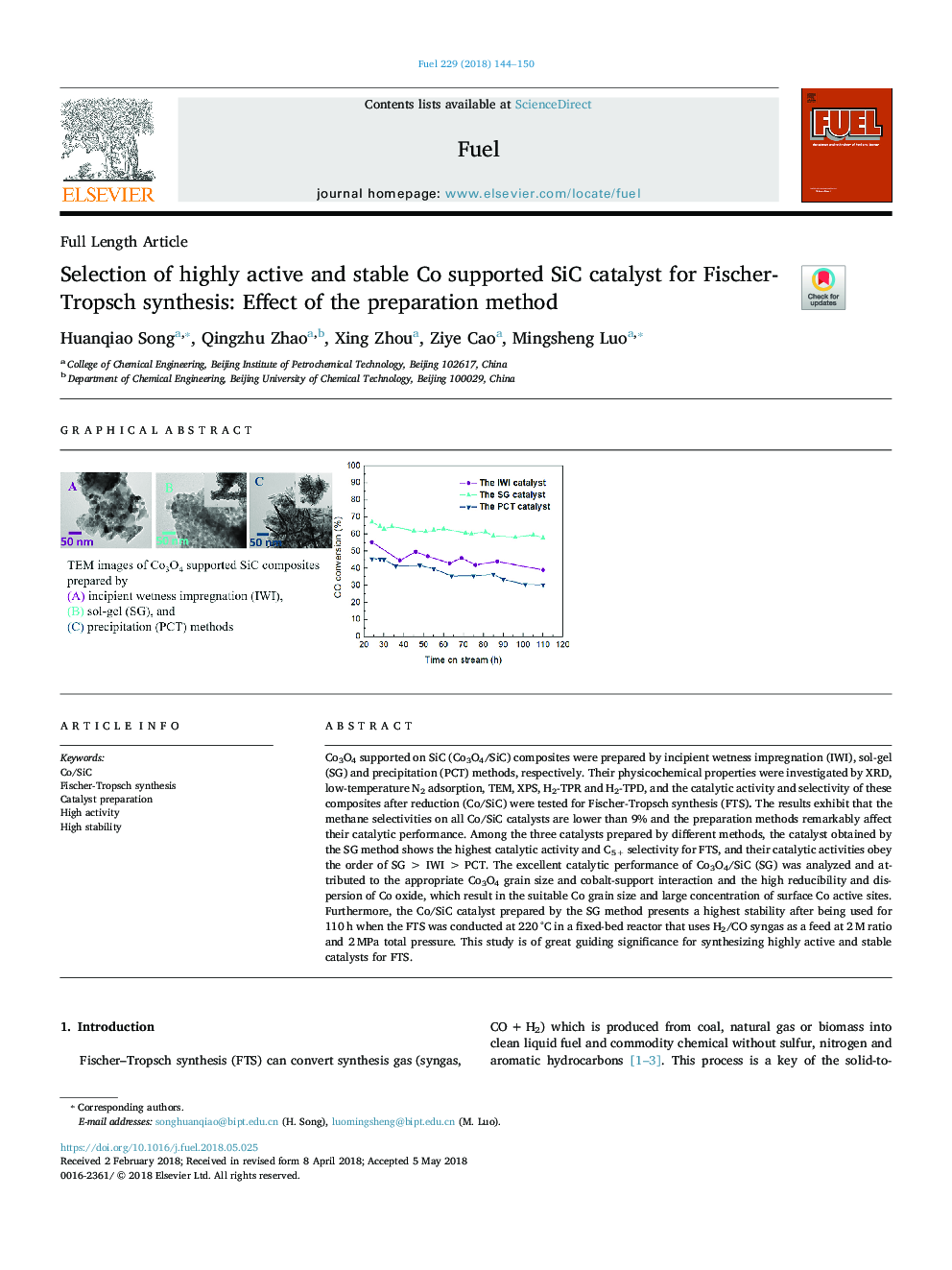 Selection of highly active and stable Co supported SiC catalyst for Fischer-Tropsch synthesis: Effect of the preparation method