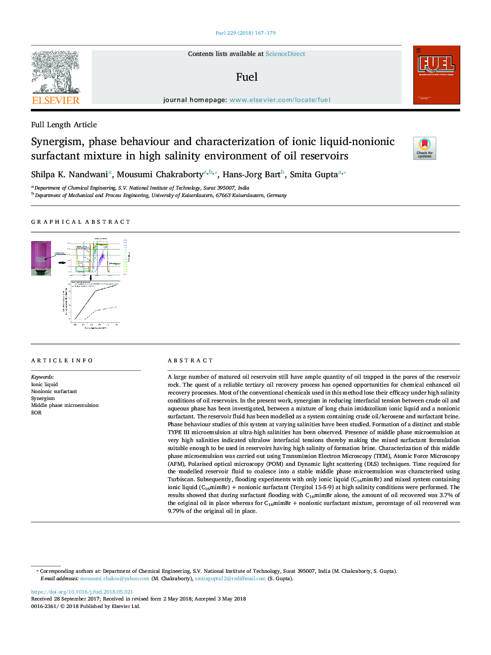 Synergism, phase behaviour and characterization of ionic liquid-nonionic surfactant mixture in high salinity environment of oil reservoirs