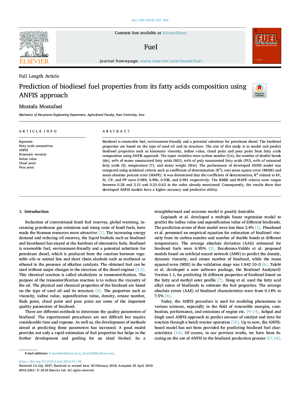 Prediction of biodiesel fuel properties from its fatty acids composition using ANFIS approach