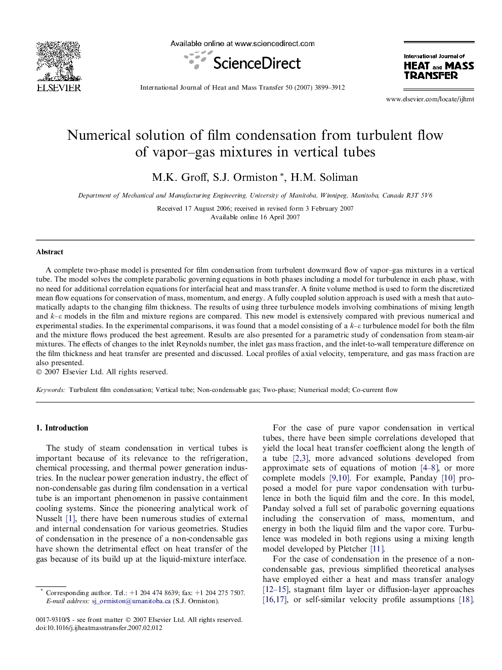 Numerical solution of film condensation from turbulent flow of vapor–gas mixtures in vertical tubes