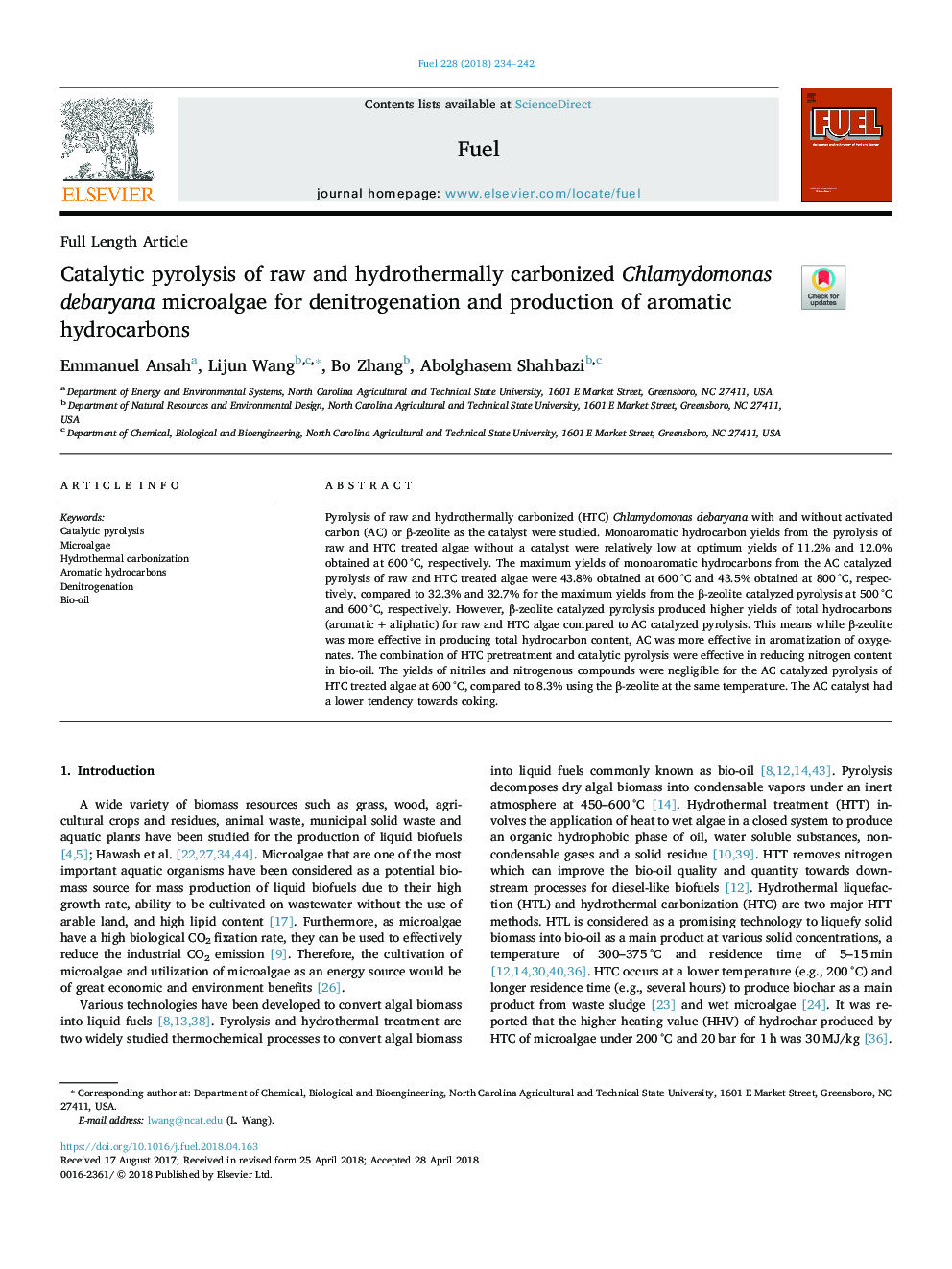 Catalytic pyrolysis of raw and hydrothermally carbonized Chlamydomonas debaryana microalgae for denitrogenation and production of aromatic hydrocarbons