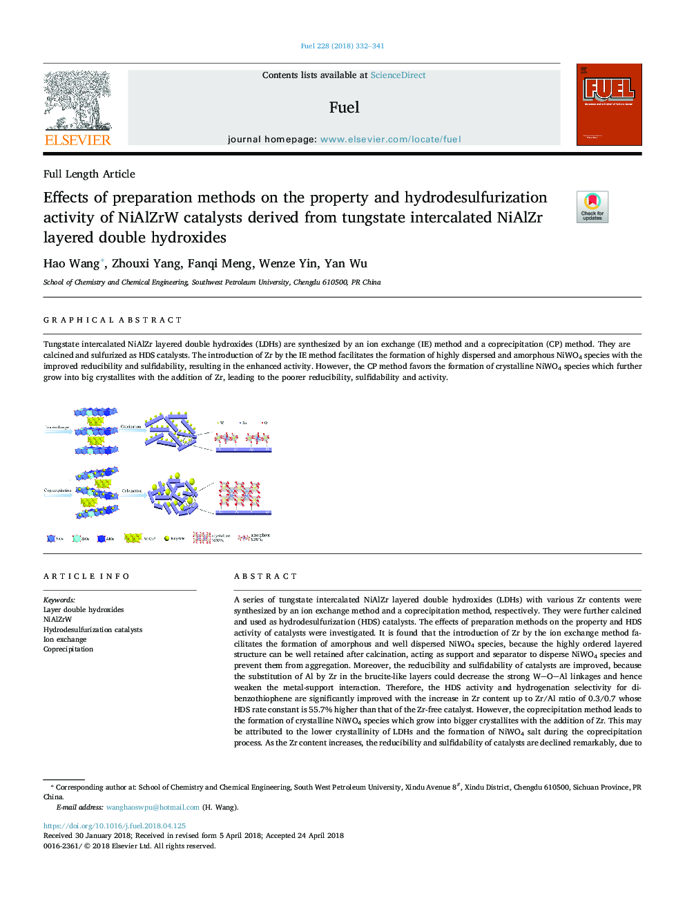 Effects of preparation methods on the property and hydrodesulfurization activity of NiAlZrW catalysts derived from tungstate intercalated NiAlZr layered double hydroxides