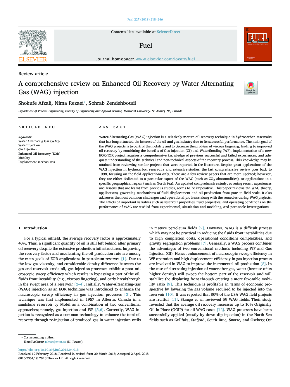 A comprehensive review on Enhanced Oil Recovery by Water Alternating Gas (WAG) injection