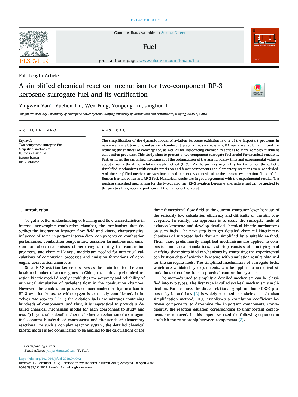 A simplified chemical reaction mechanism for two-component RP-3 kerosene surrogate fuel and its verification