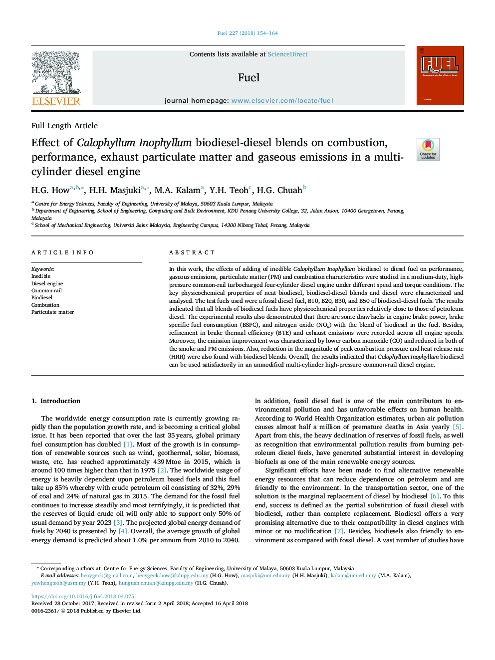 Effect of Calophyllum Inophyllum biodiesel-diesel blends on combustion, performance, exhaust particulate matter and gaseous emissions in a multi-cylinder diesel engine