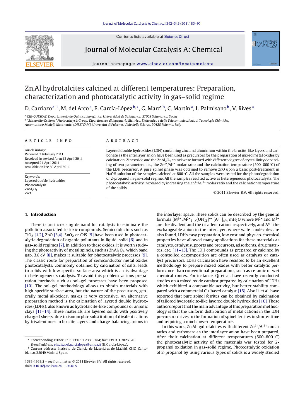 Zn,Al hydrotalcites calcined at different temperatures: Preparation, characterization and photocatalytic activity in gas–solid regime