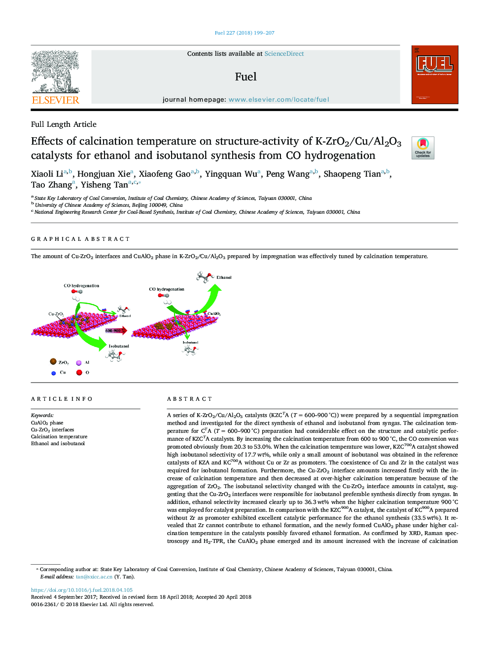 Effects of calcination temperature on structure-activity of K-ZrO2/Cu/Al2O3 catalysts for ethanol and isobutanol synthesis from CO hydrogenation