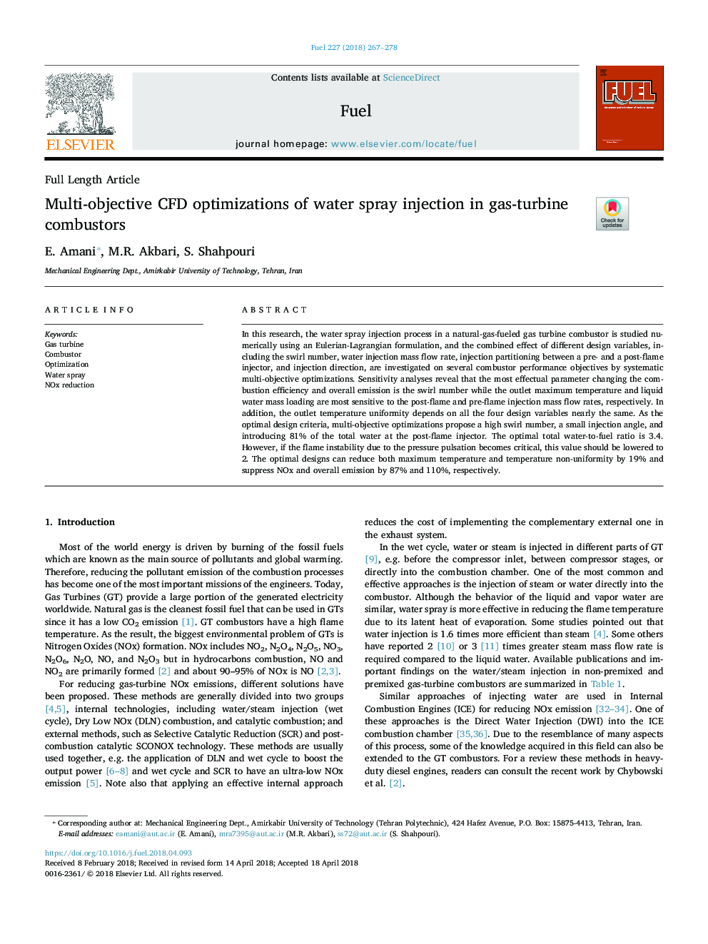 Multi-objective CFD optimizations of water spray injection in gas-turbine combustors