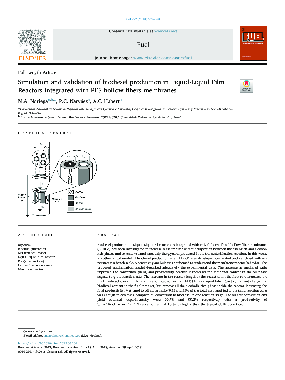 Simulation and validation of biodiesel production in Liquid-Liquid Film Reactors integrated with PES hollow fibers membranes