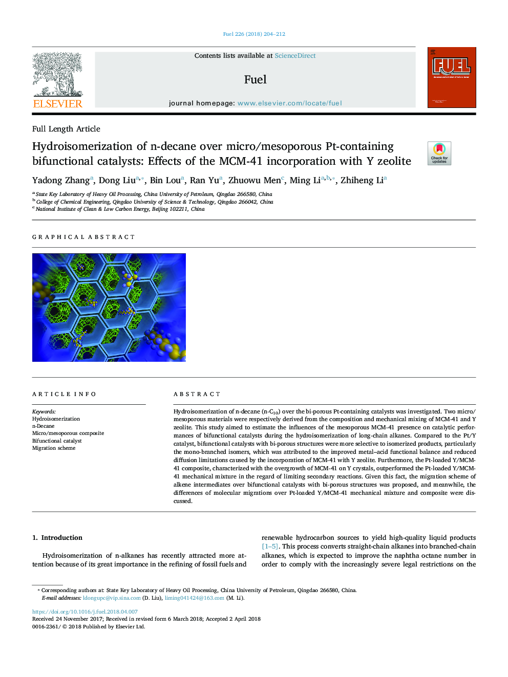 Hydroisomerization of n-decane over micro/mesoporous Pt-containing bifunctional catalysts: Effects of the MCM-41 incorporation with Y zeolite