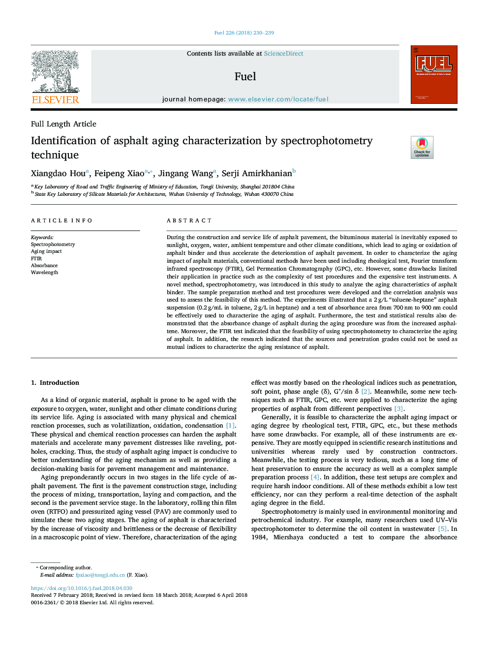 Identification of asphalt aging characterization by spectrophotometry technique