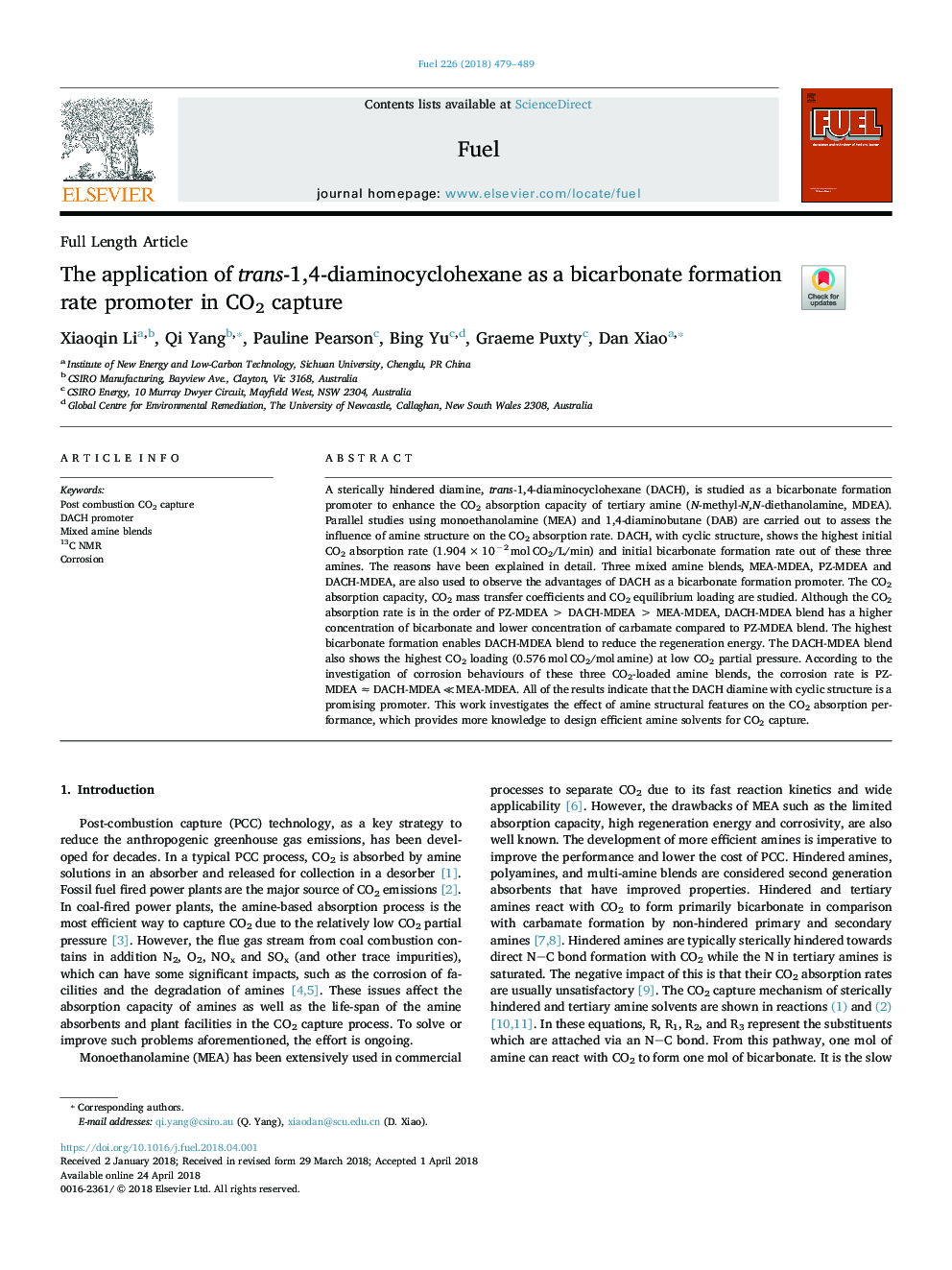 The application of trans-1,4-diaminocyclohexane as a bicarbonate formation rate promoter in CO2 capture