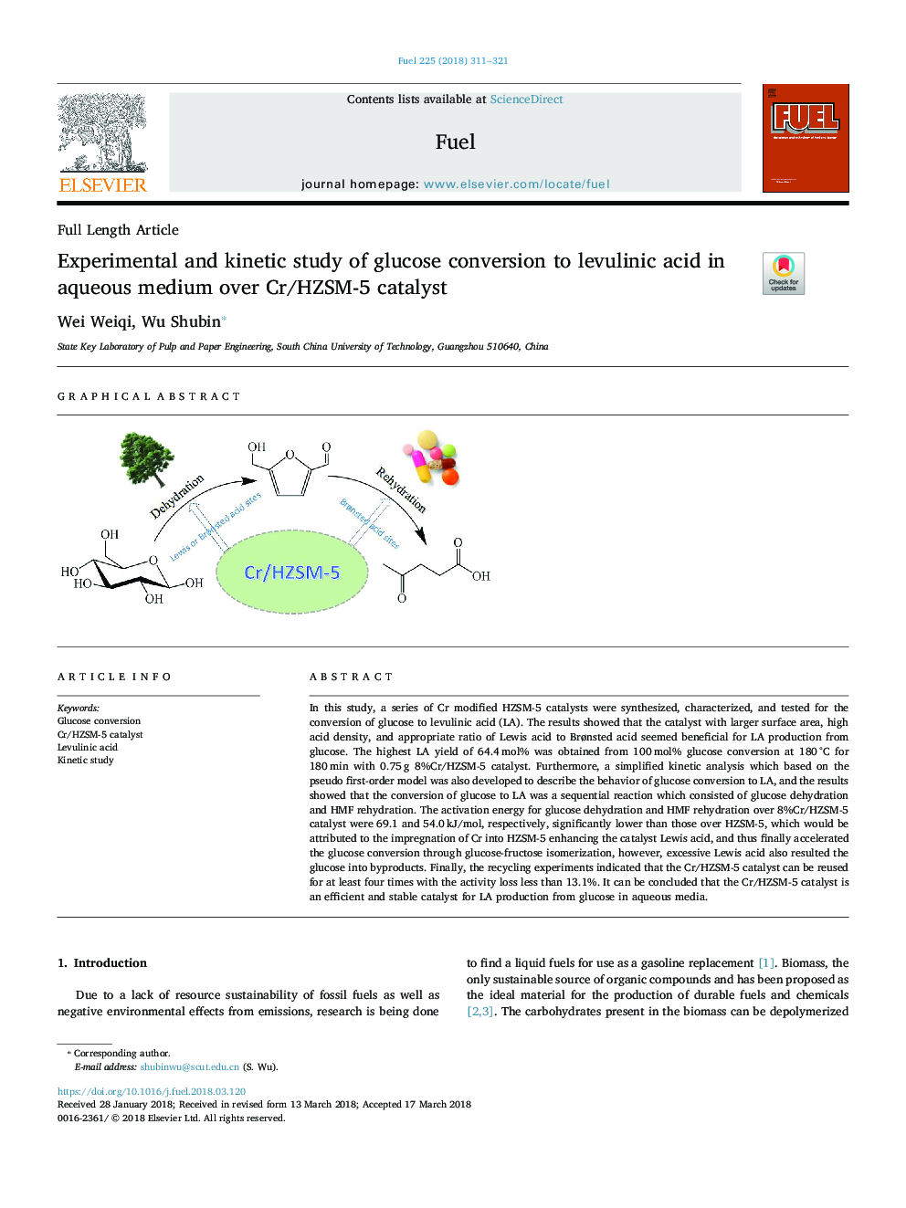 Experimental and kinetic study of glucose conversion to levulinic acid in aqueous medium over Cr/HZSM-5 catalyst