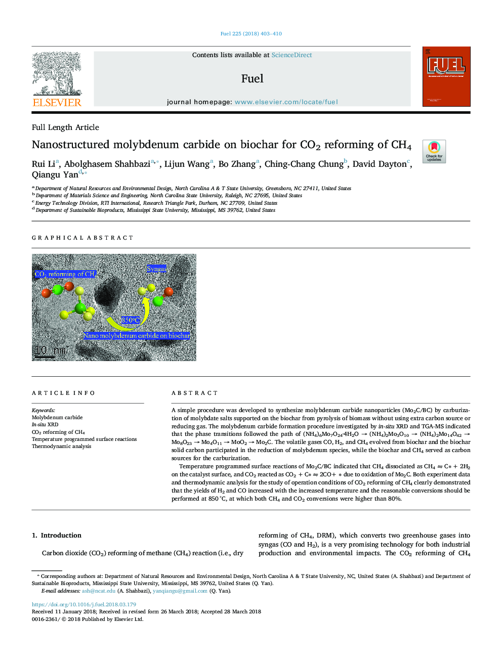 Nanostructured molybdenum carbide on biochar for CO2 reforming of CH4