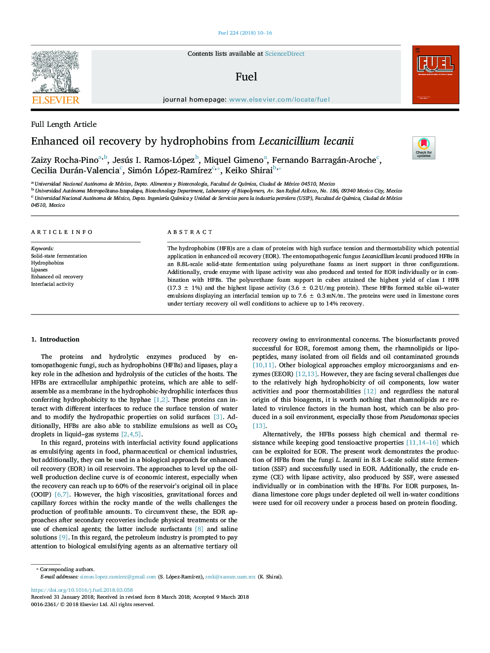 Enhanced oil recovery by hydrophobins from Lecanicillium lecanii