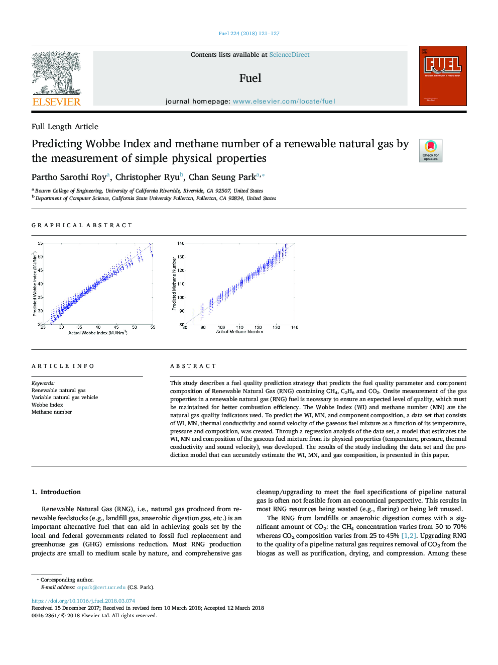 Predicting Wobbe Index and methane number of a renewable natural gas by the measurement of simple physical properties